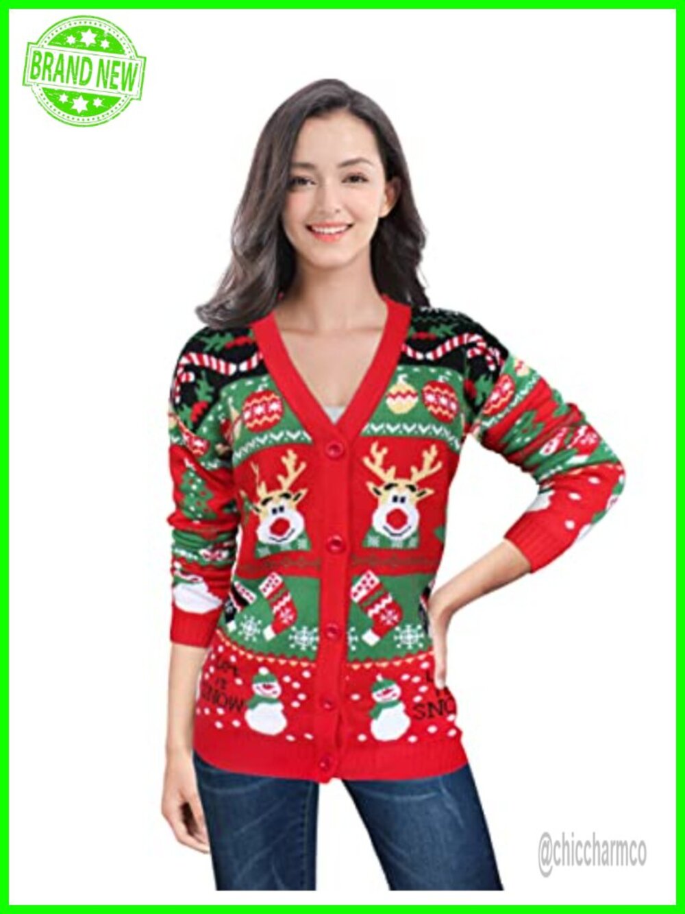 Ugly Christmas Sweater Women Reindeer Funny Merry Knit Cardigan